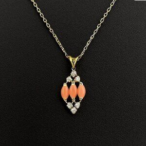 Vintage Orange Coral Pendant Necklace 18K Electroplate on 14K GF Chain Signed